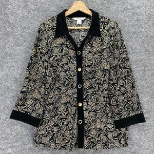 TanJay Sweater Women L Black Beige Geometric Cardigan Button Front 3/4 Sleeve